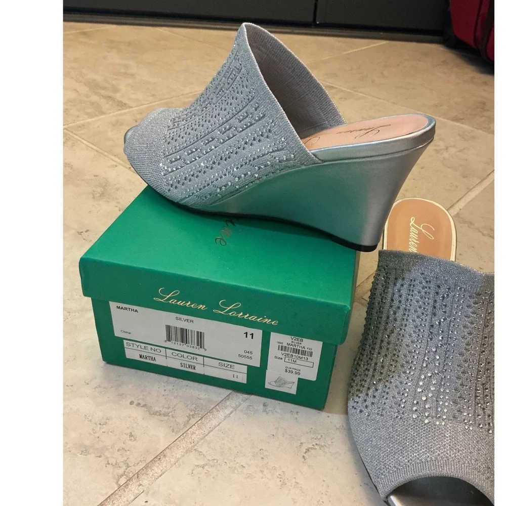Lauren Lorraine Martha Silver Rhinestone Wedge Sandals Peep Toe Mules Size 11